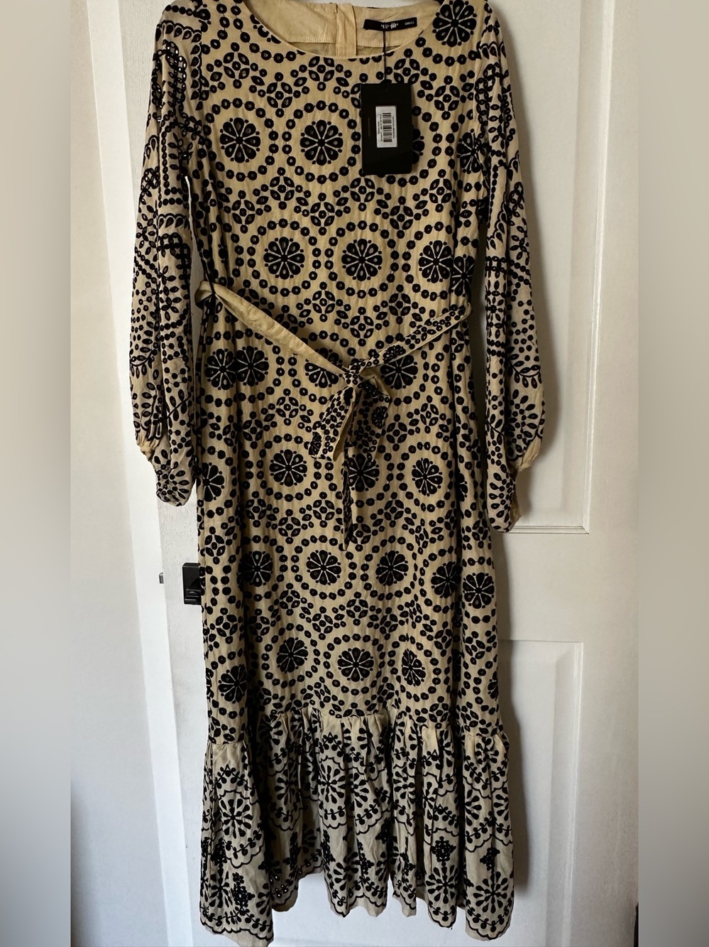 Beige and Black Printed Maxi Dress with Tie Waist